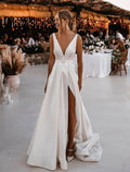 A-Line V-Neck Satin Sleeveless Train Wedding Gown - Chloe Dress