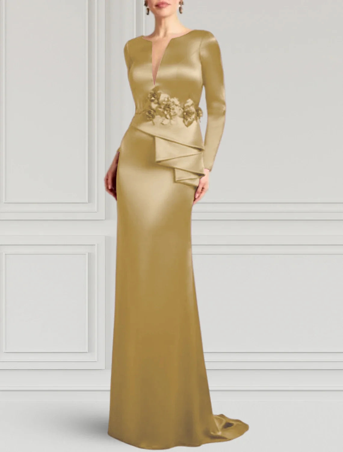 Sheath V-Neck Satin Long Sleeve Train Evening Gown - Chloe Dress