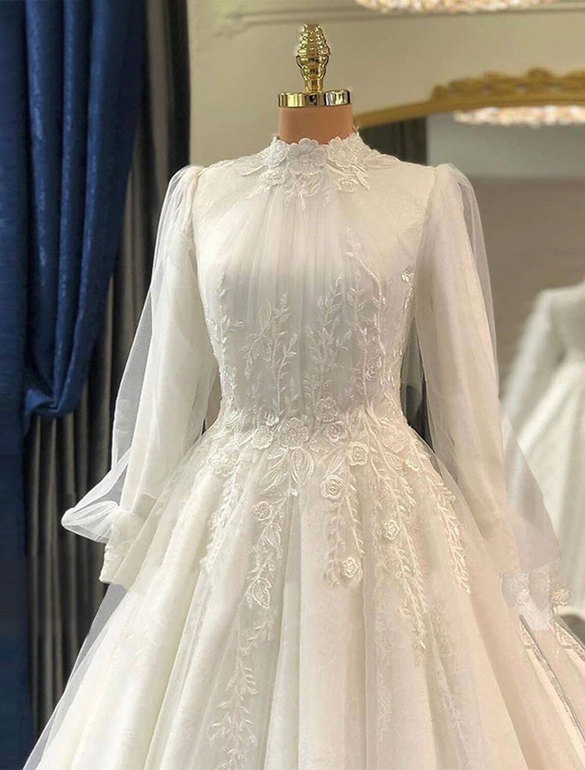 Ball Gown High Neck Lace Long Sleeve Pleated Wedding Gown - Chloe Dress