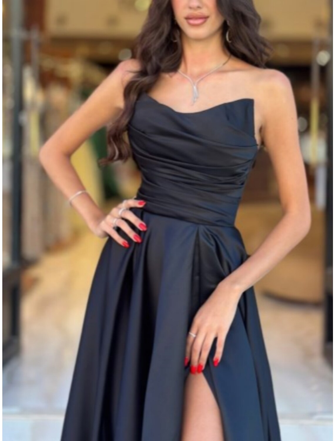 Black A-Line Strapless Satin Sleeveless High Slit Evening Gown - Chloe Dress