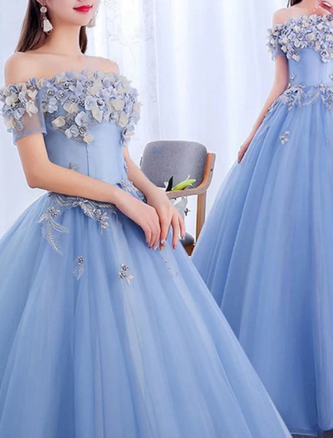 Ball Gown Off-Shoulder Polyester Short Sleeve Applique Floor-Length Prom Gown - Chloe Dress