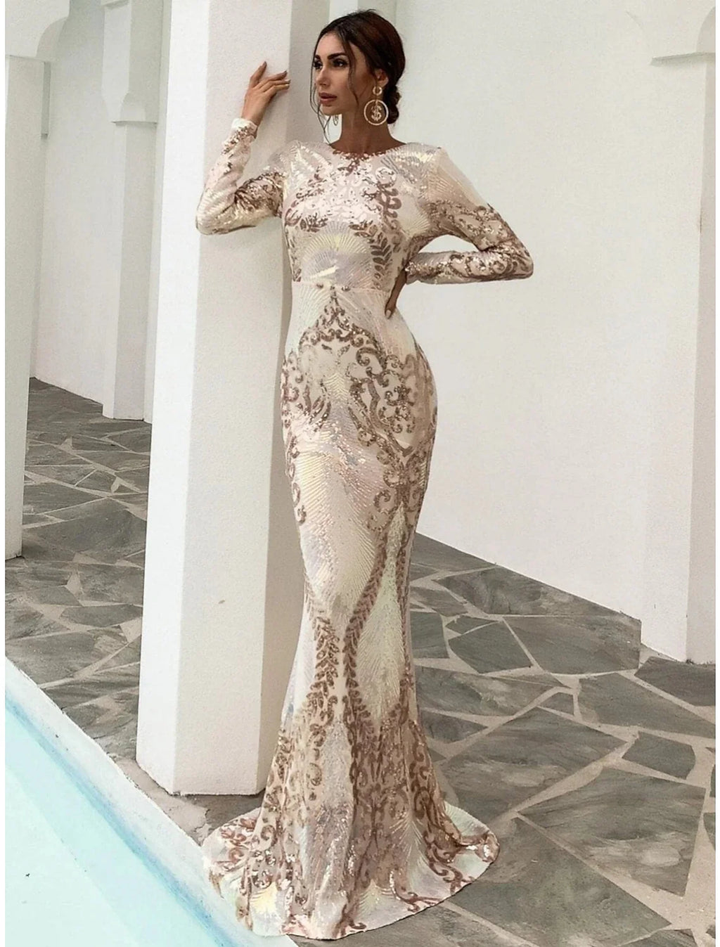 Mermaid Sequin Long Sleeve Pleated Evening Gown - Chloe Dress