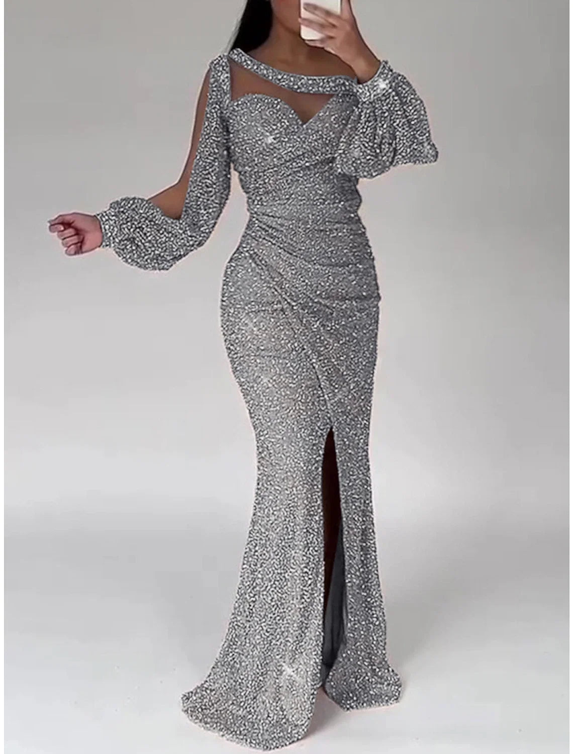 Champagne Mermaid Sequin Long Sleeve High Slit Floor-Length Evening Gown - Chloe Dress