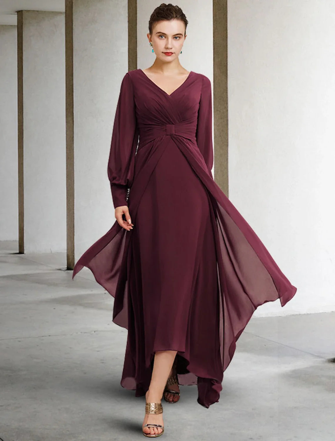 A-Line V-Neck Chiffon Long Sleeve Pleated Floor-Length Dress - Chloe Dress
