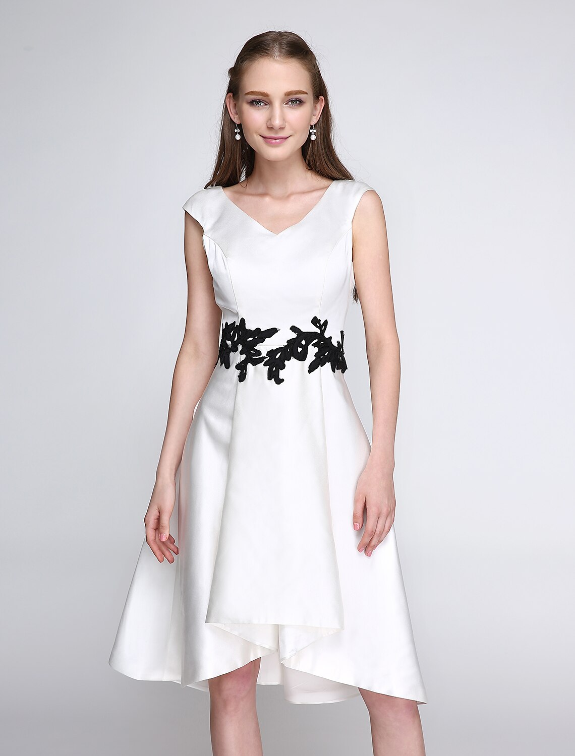 A-Line V-Neck Satin Sleeveless Applique Knee-Length Prom Dress - Chloe Dress
