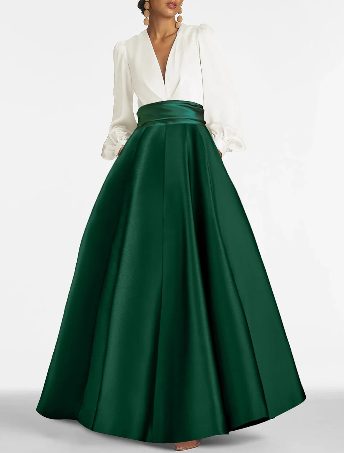 A-Line V-Neck Satin Long Sleeve Floor-Length Evening Gown - Chloe Dress