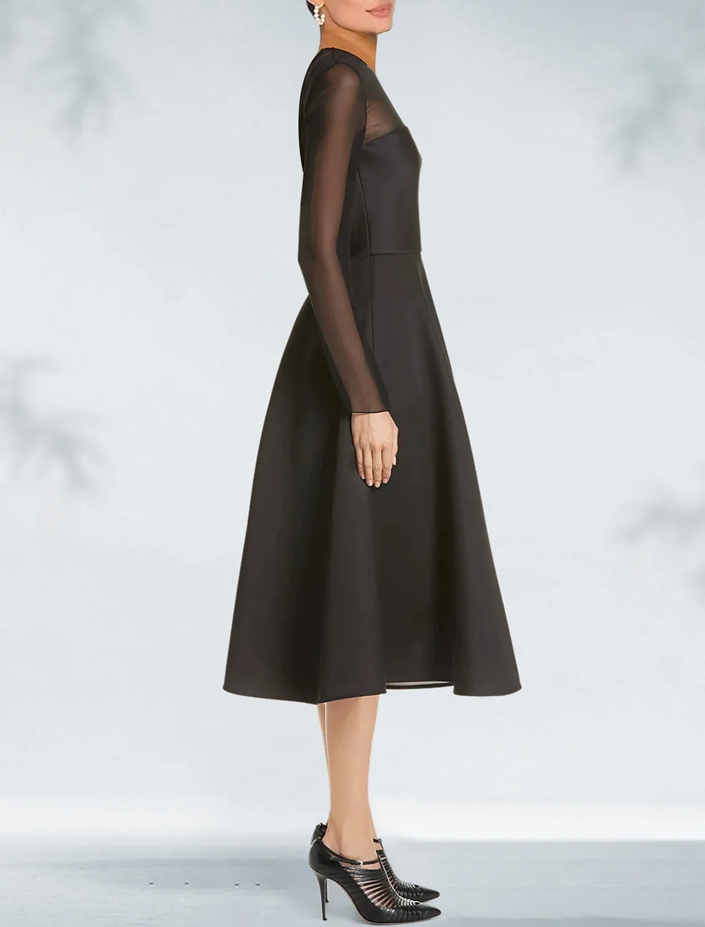 Black A-Line Satin Long Sleeve Pleated Tea-Length Wedding Dress - Chloe Dress