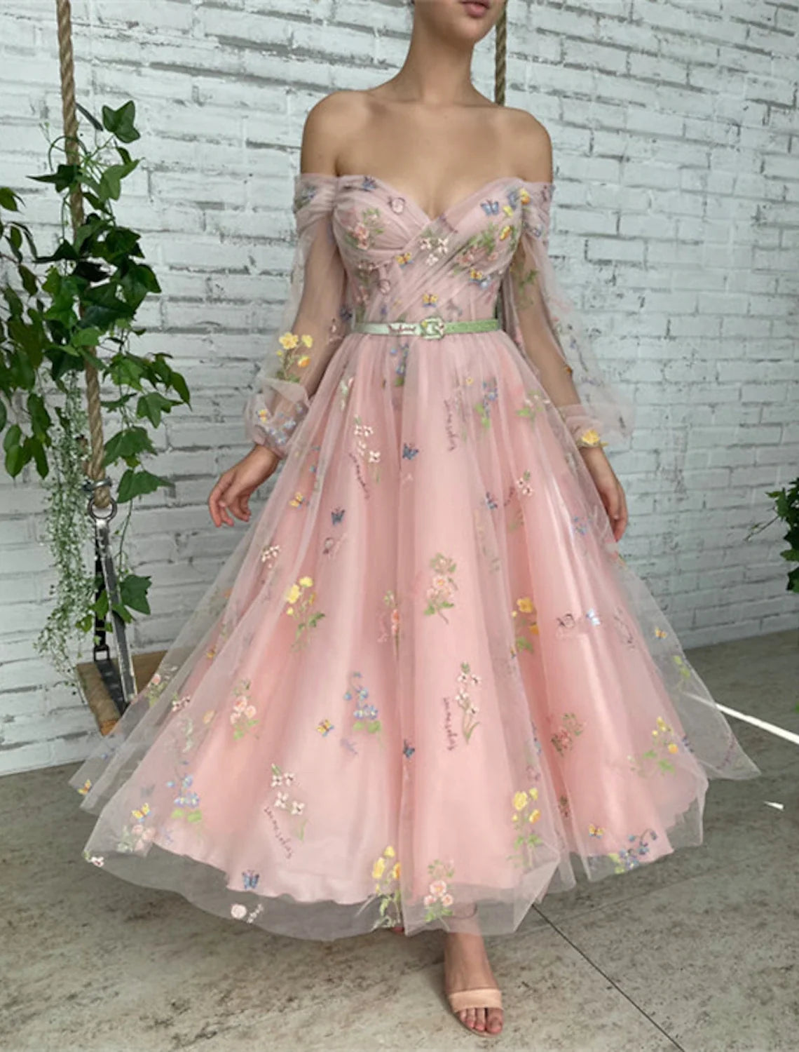 A-Line Off-Shoulder Lace Long Sleeve Applique Ankle-Length Prom Dress - Chloe Dress