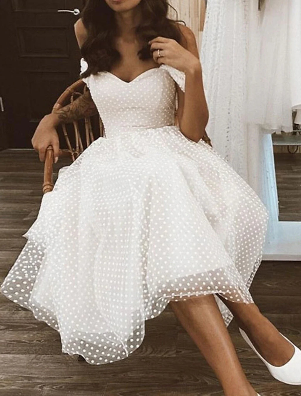 White A-Line Off-Shoulder Tulle Cap Sleeve Knee-Length Wedding Gown - Chloe Dress