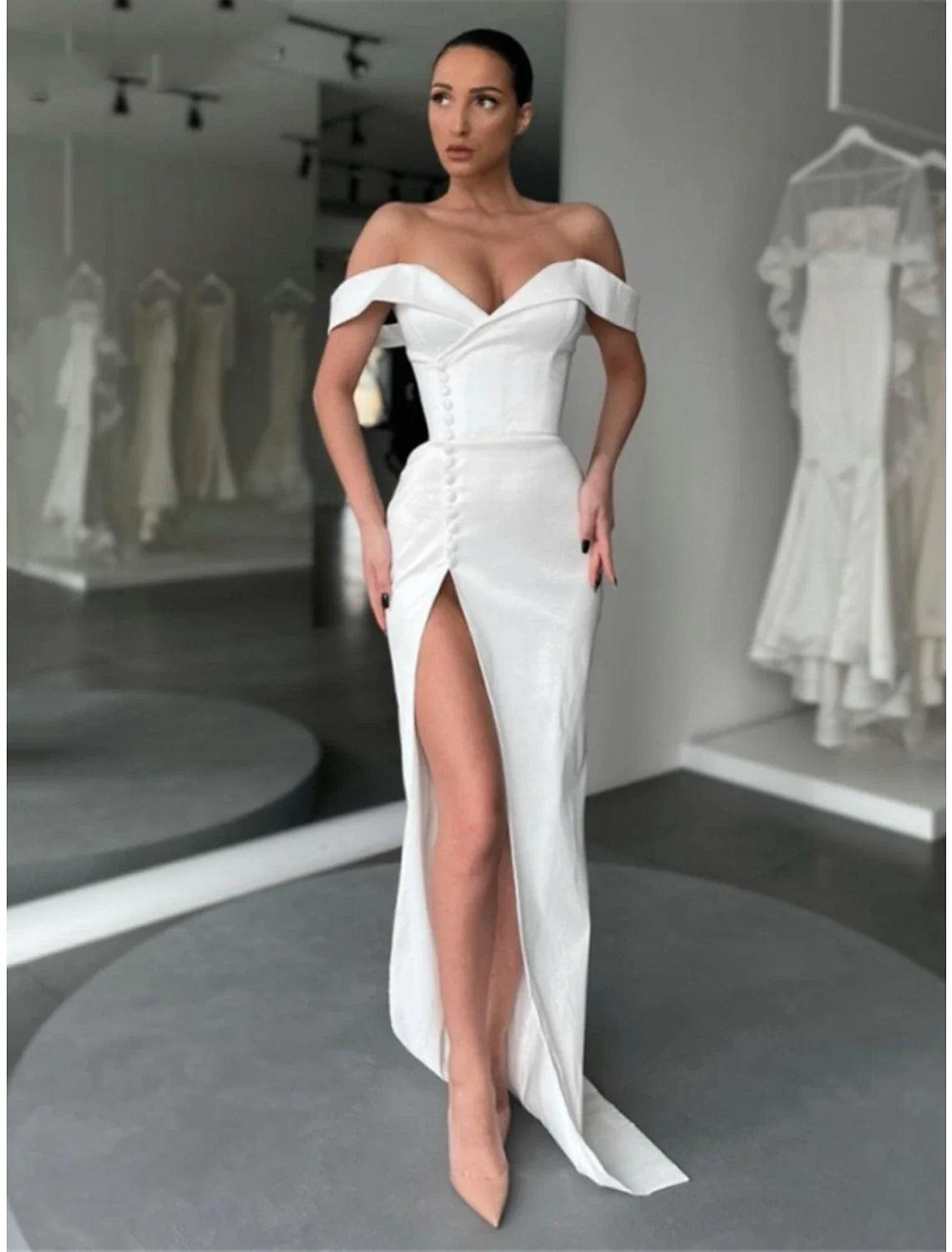 A-Line Off-Shoulder Satin Long Sleeve Button Back High Slit Evening Gown - Chloe Dress