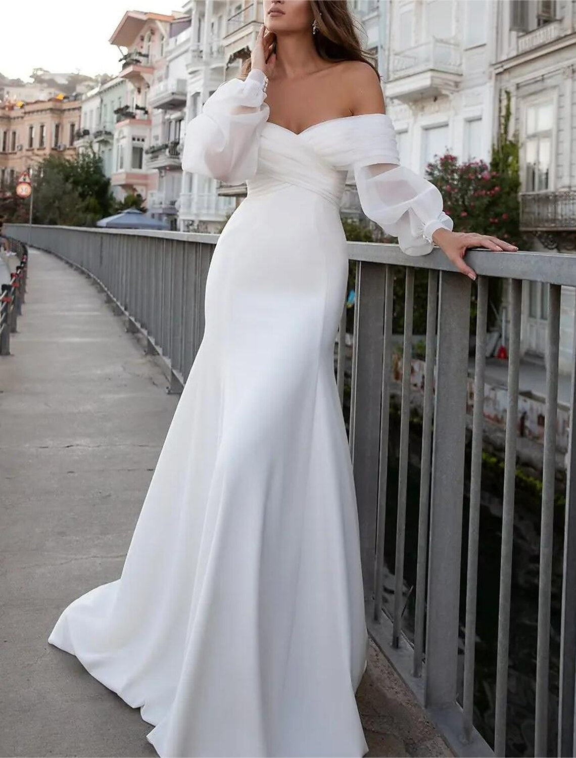 Mermaid Off-Shoulder Chiffon Long Sleeve Train Wedding Gown - Chloe Dress