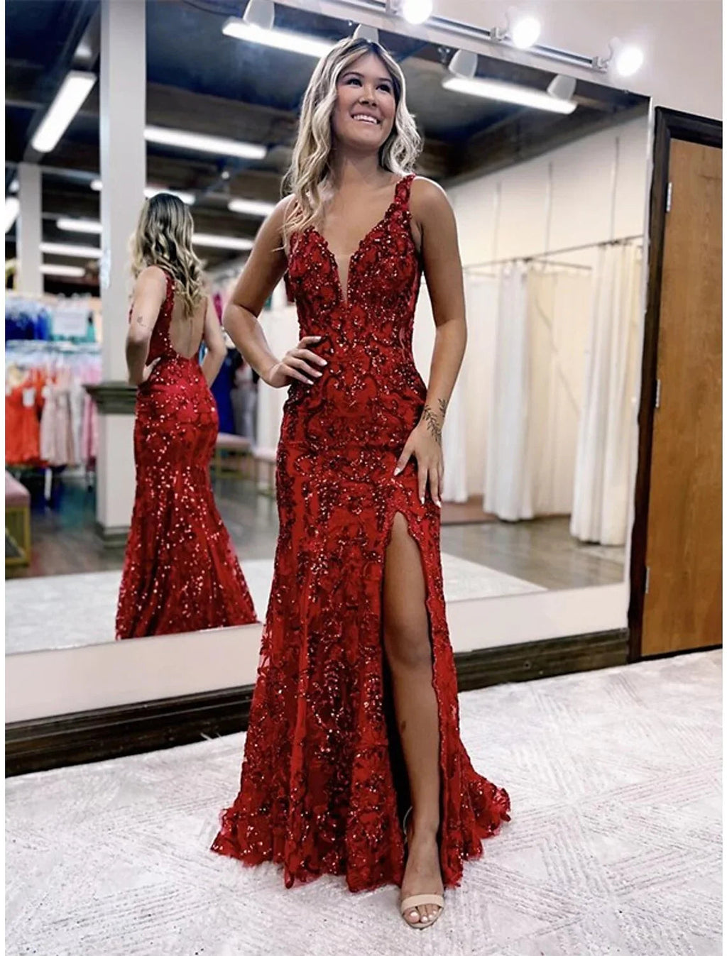 Mermaid V-Neck Sequin Sleeveless Backless Train Prom Dress - Chloe Dress
