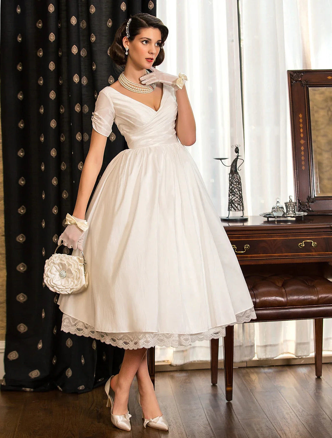 White A-Line V-Neck Satin Short Sleeve Mini Wedding Gown - Chloe Dress