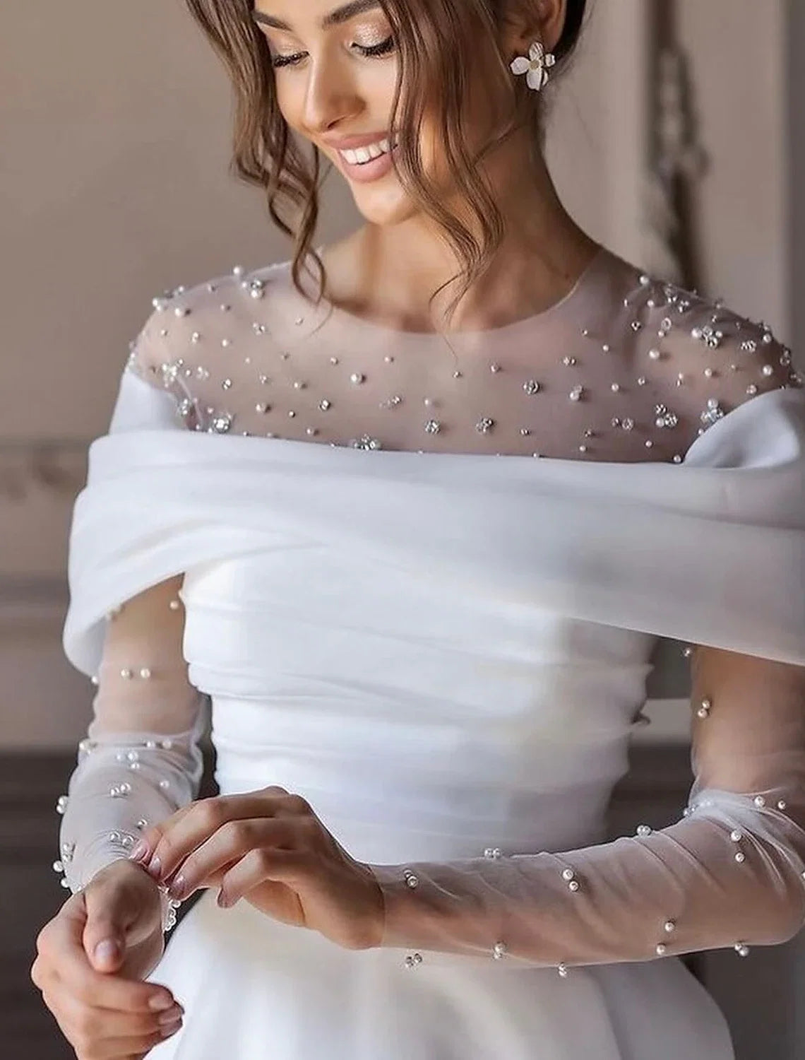 A-Line V-Neck Chiffon Long Sleeve Pleated Wedding Gown - Chloe Dress