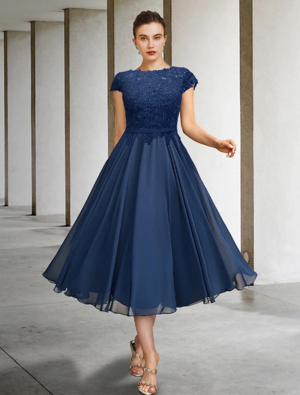 A-Line Chiffon Cap Sleeve Pleated Tea-Length Dress - Chloe Dress