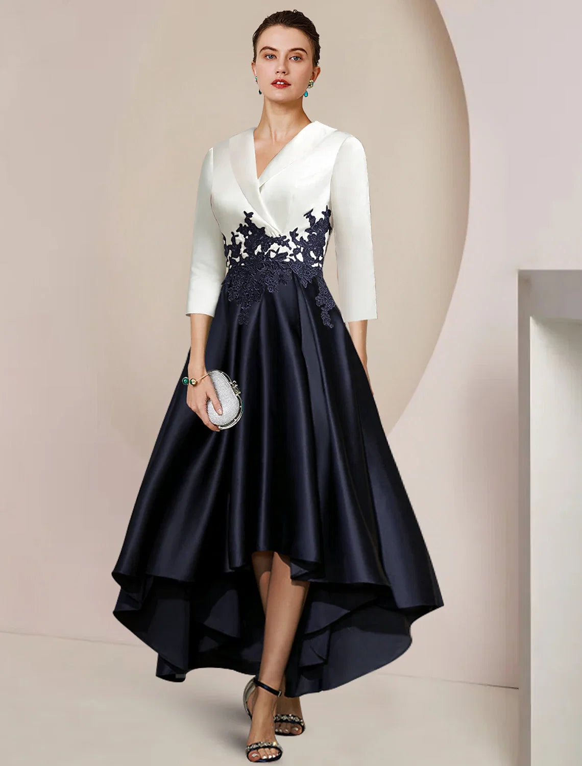 A-Line Satin Three-Quarter Sleeve Asymmetric Tea-Length Wedding Dress - Chloe Dress