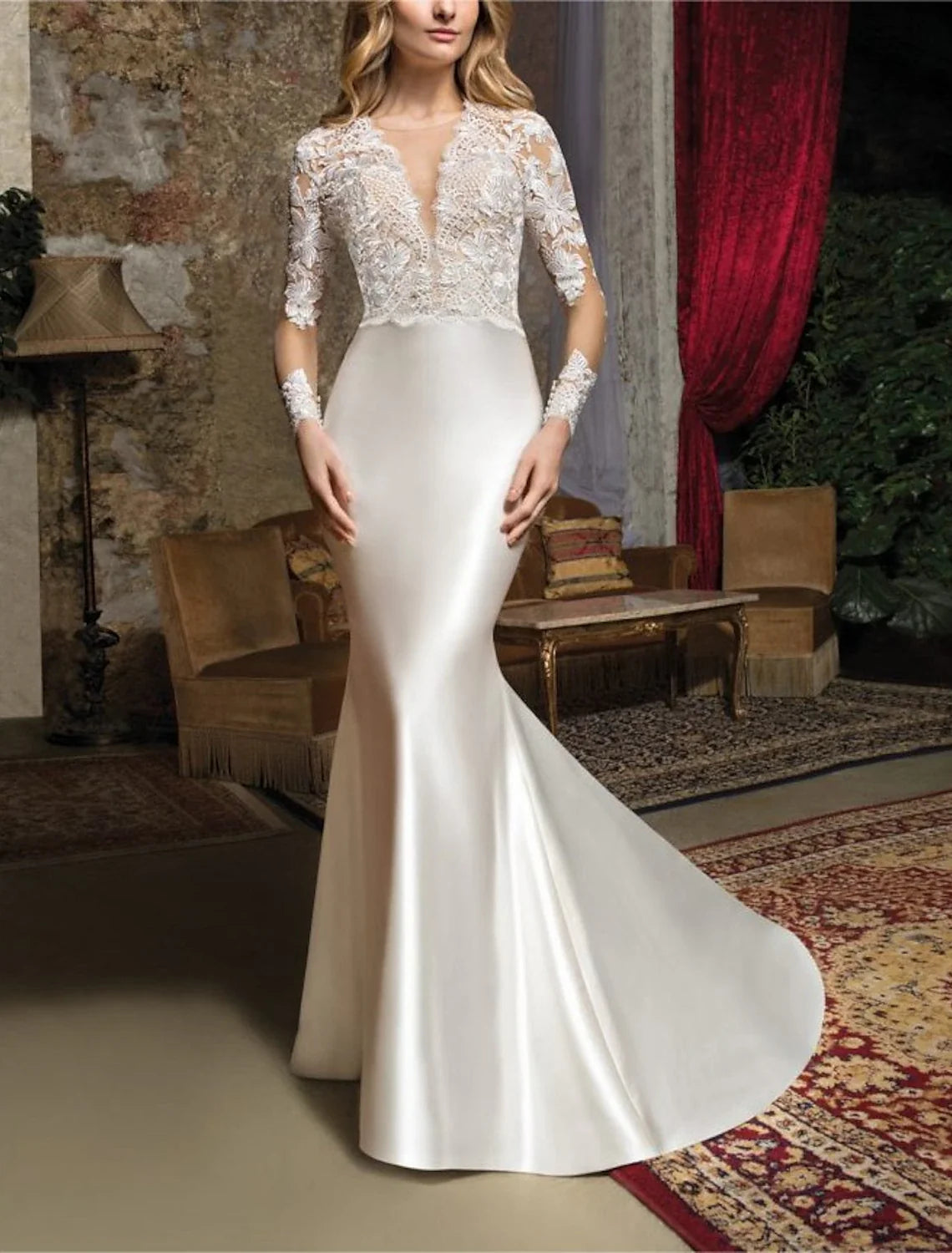 V-Neck Lace Long Sleeve Floor-Length Wedding Gown - Chloe Dress