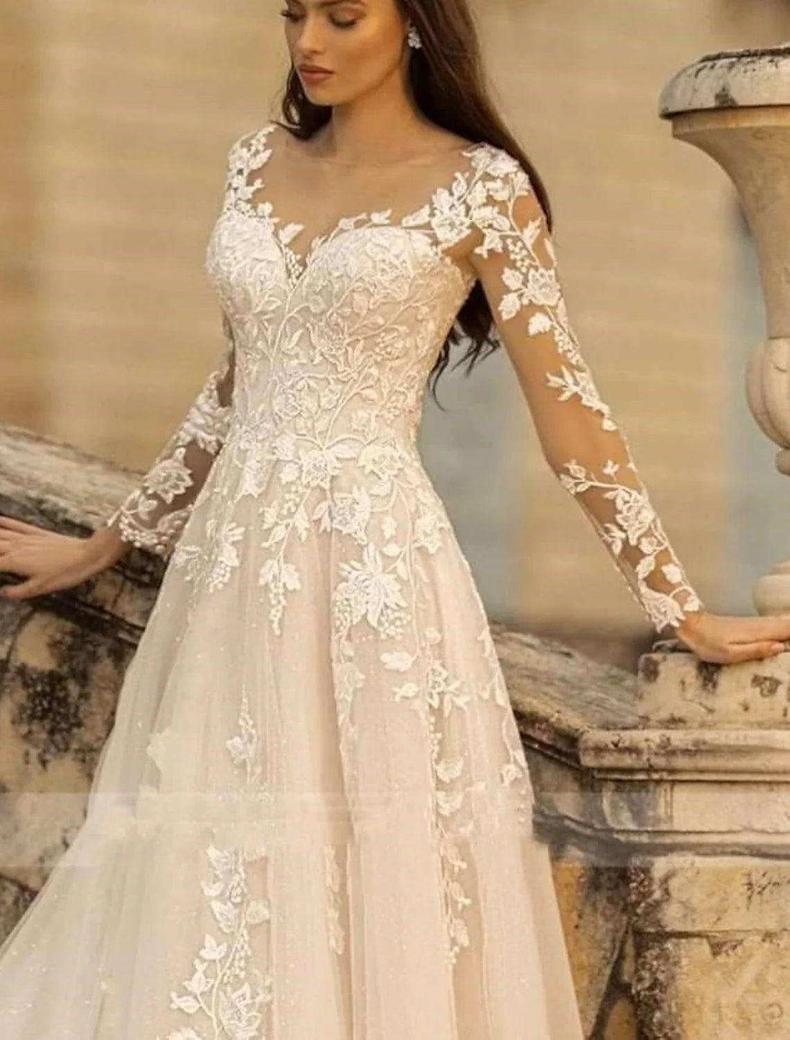 A-Line V-Neck Lace Long Sleeve Train Wedding Gown - Chloe Dress