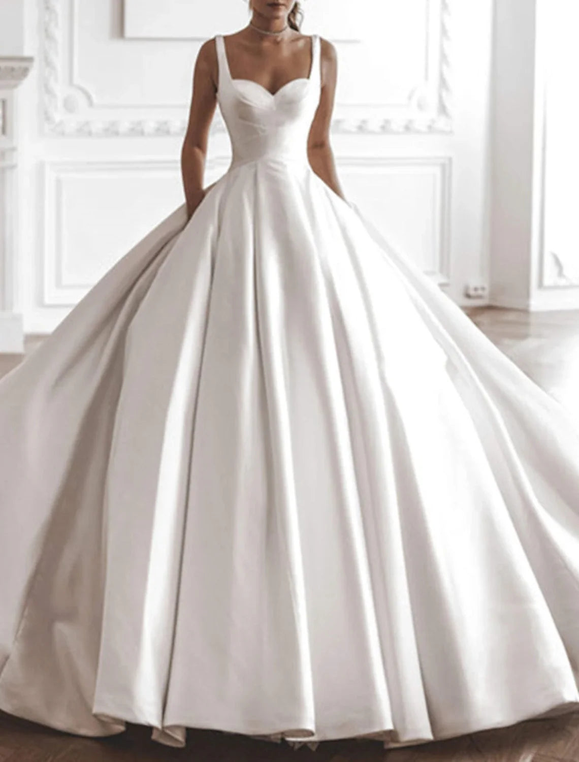 Ball Gown Square Neck Satin Sleeveless Train Wedding Gown - Chloe Dress