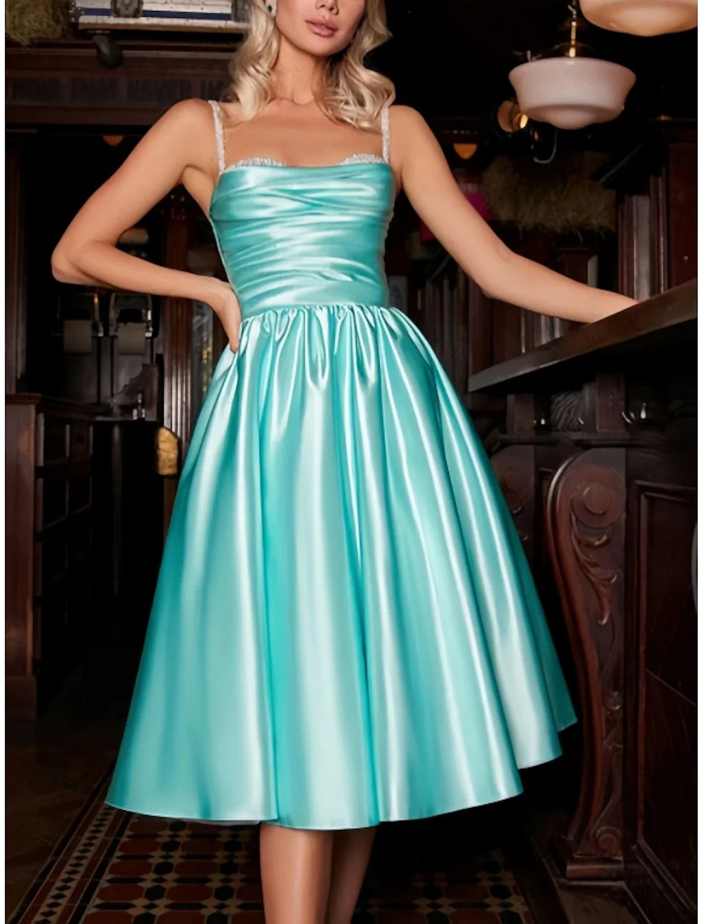 A-Line Spaghetti Strap Satin Sleeveless Pleated Knee-Length Wedding Dress - Chloe Dress