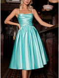 A-Line Spaghetti Strap Satin Sleeveless Pleated Knee-Length Wedding Dress - Chloe Dress