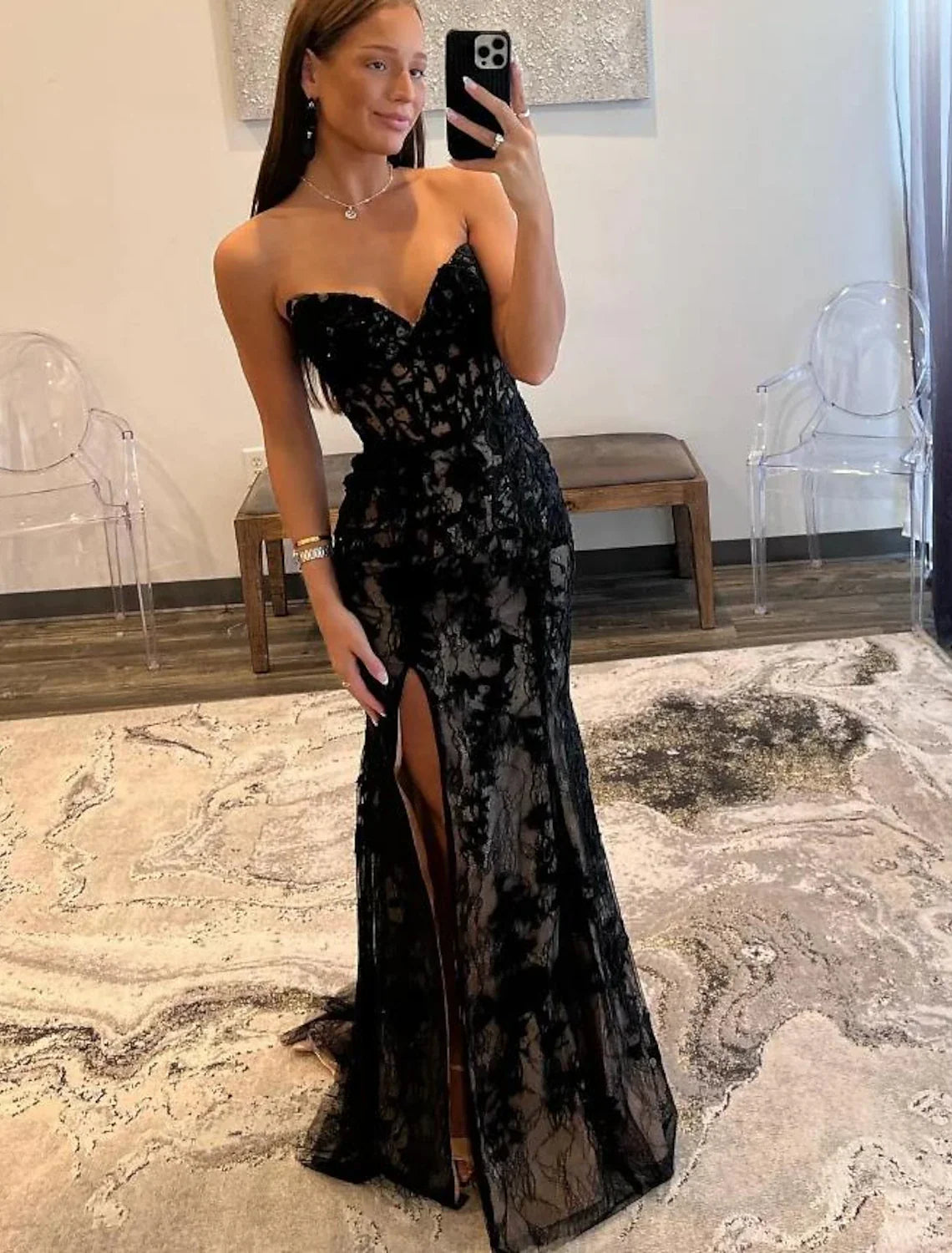 Black A-Line Sweetheart Lace Sleeveless Open Back High Slit Evening Gown - Chloe Dress