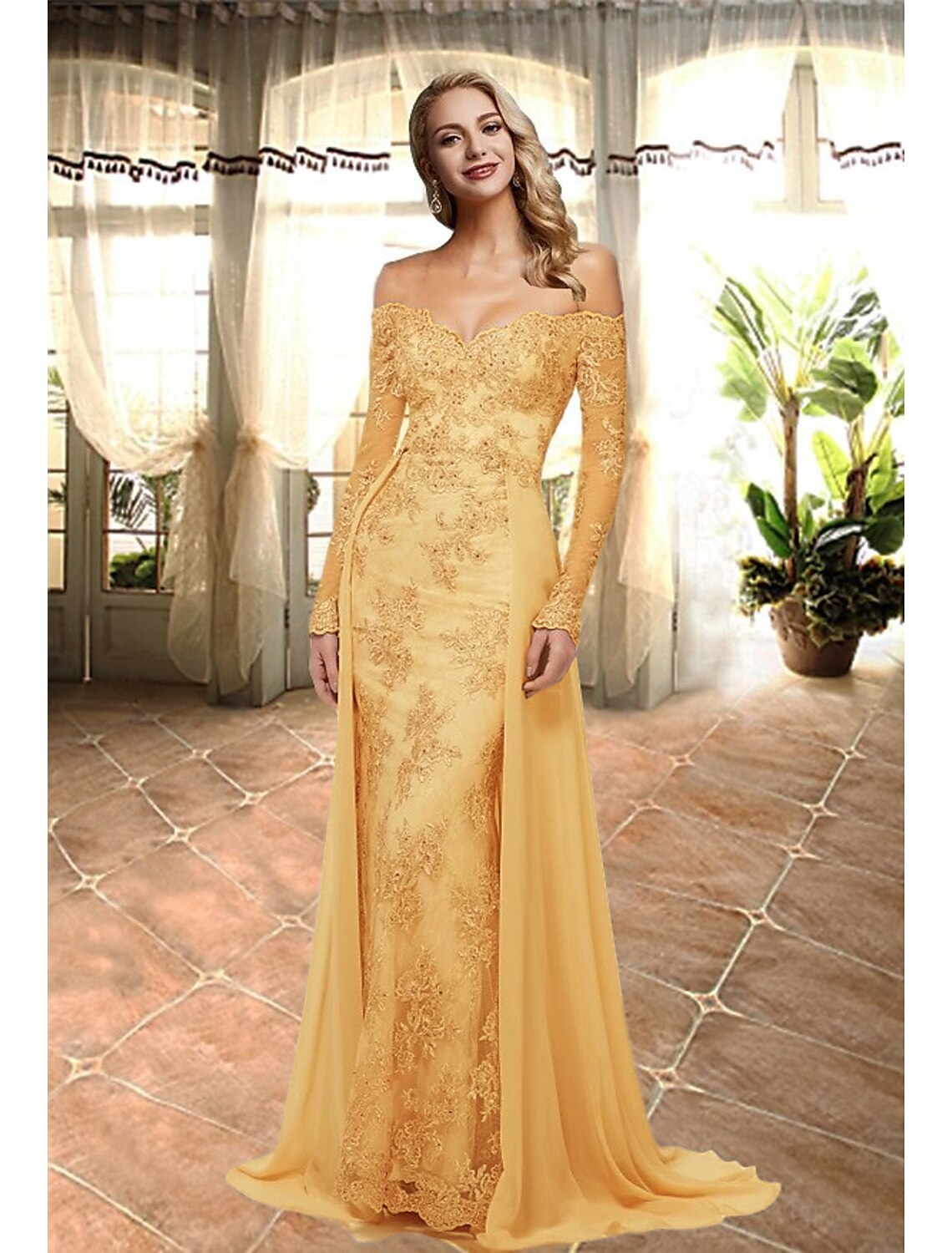 A-Line Sweetheart Lace Long Sleeve Train Evening Gown - Chloe Dress