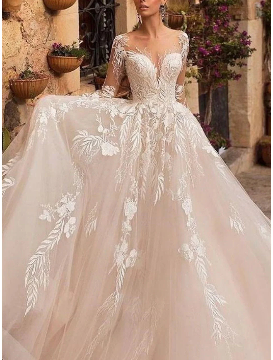 A-Line V-Neck Tulle Long Sleeve Pleated Wedding Gown - Chloe Dress