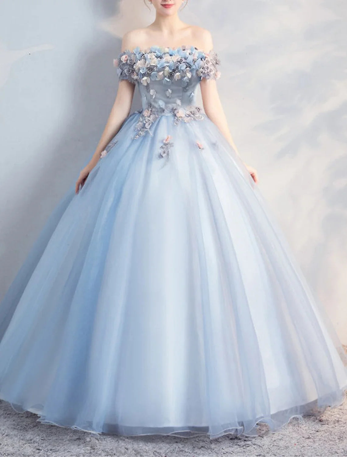 Ball Gown Off-Shoulder Polyester Short Sleeve Applique Floor-Length Prom Gown - Chloe Dress