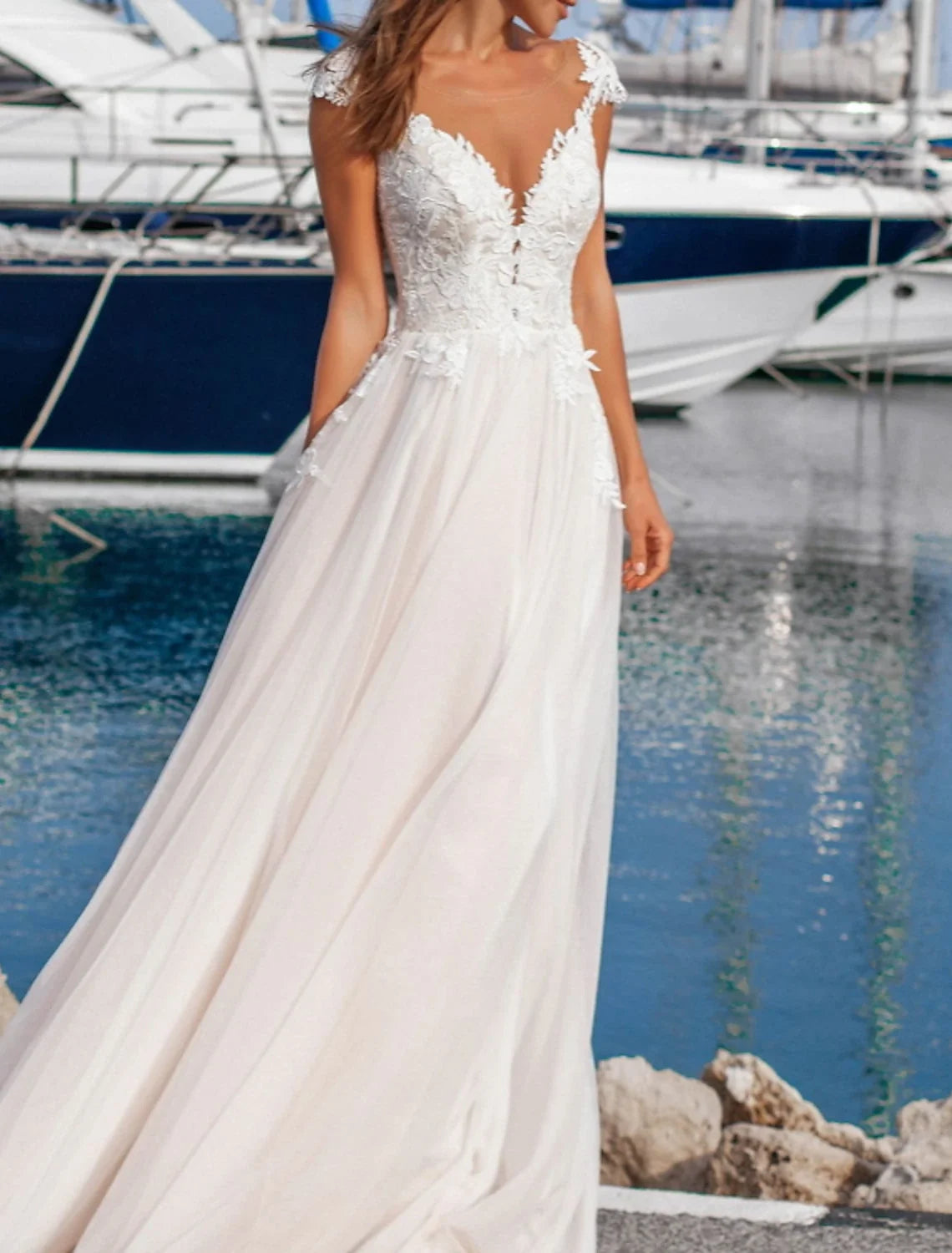 A-Line V-Neck Lace Cap Sleeve Applique Floor-Length Wedding Gown - Chloe Dress