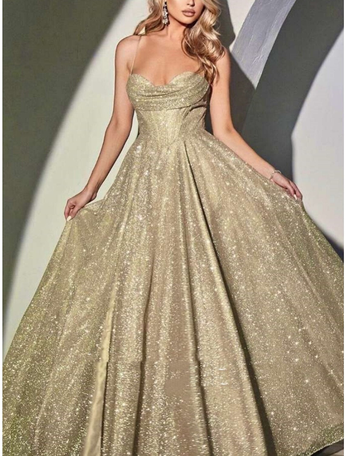 A-Line Spaghetti Strap Sequin Sleeveless Pleated Evening Gown - Chloe Dress