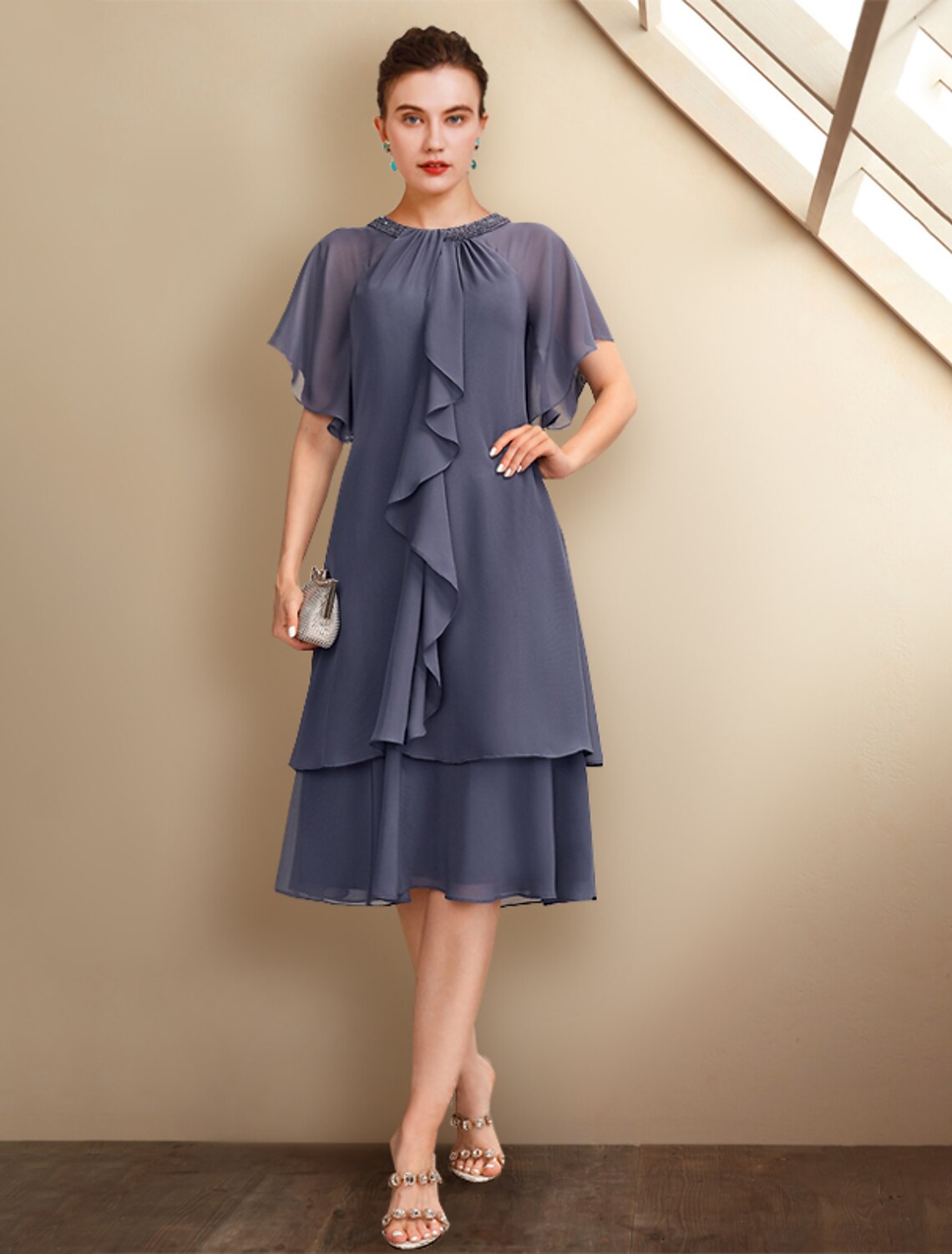 A-Line Chiffon Short Sleeve Ruffled Mini Dress - Chloe Dress