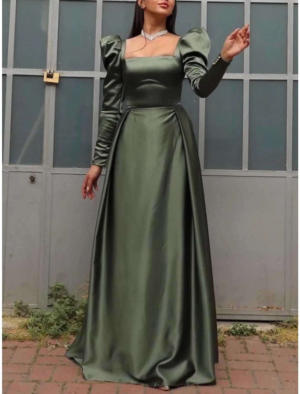 Green A-Line Square Neck Satin Long Sleeve Pleated Evening Gown - Chloe Dress