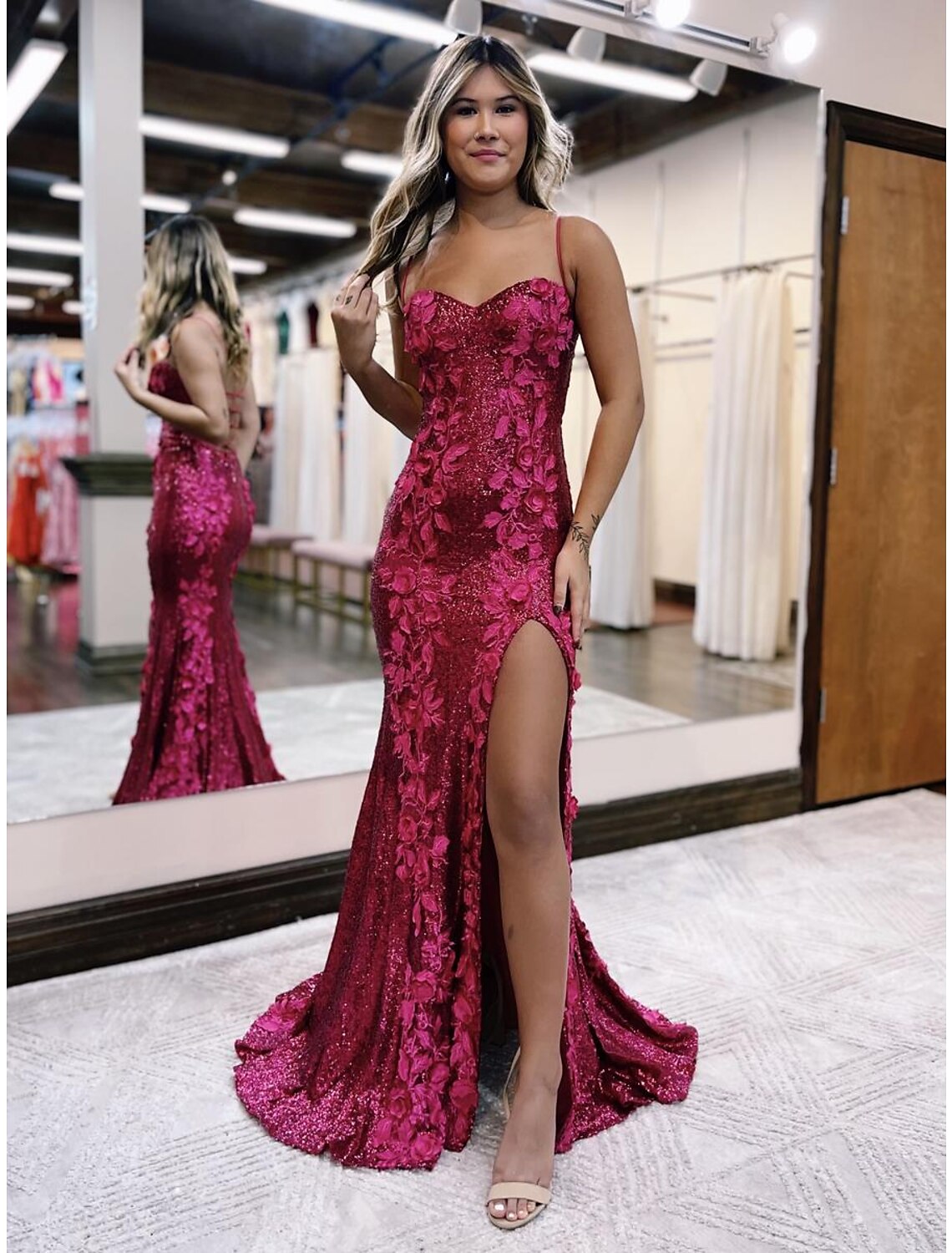 Mermaid Spaghetti Strap Sequin Sleeveless Backless Train Evening Gown - Chloe Dress
