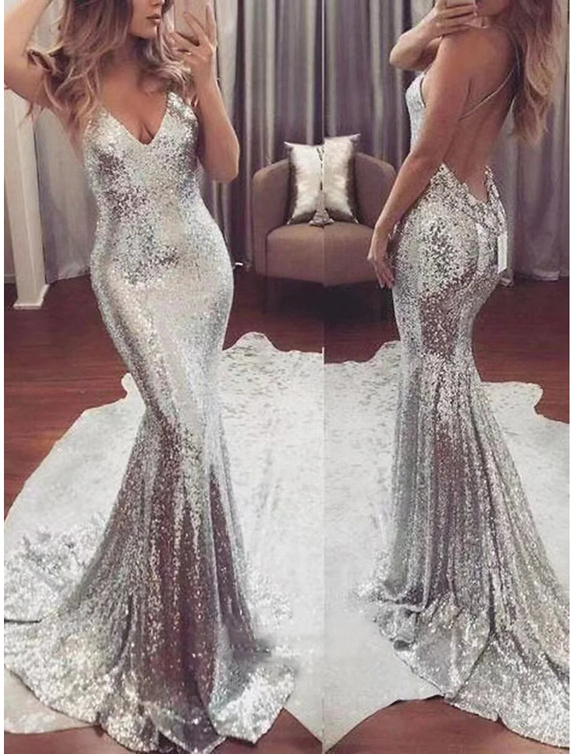 Mermaid V-Neck Sequin Sleeveless Train Evening Gown - Chloe Dress