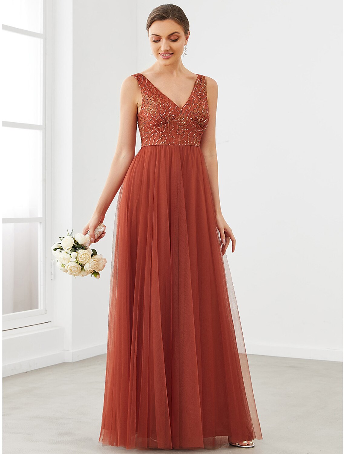 A-Line V-Neck Tulle Sleeveless Floor-Length Prom Dress - Chloe Dress