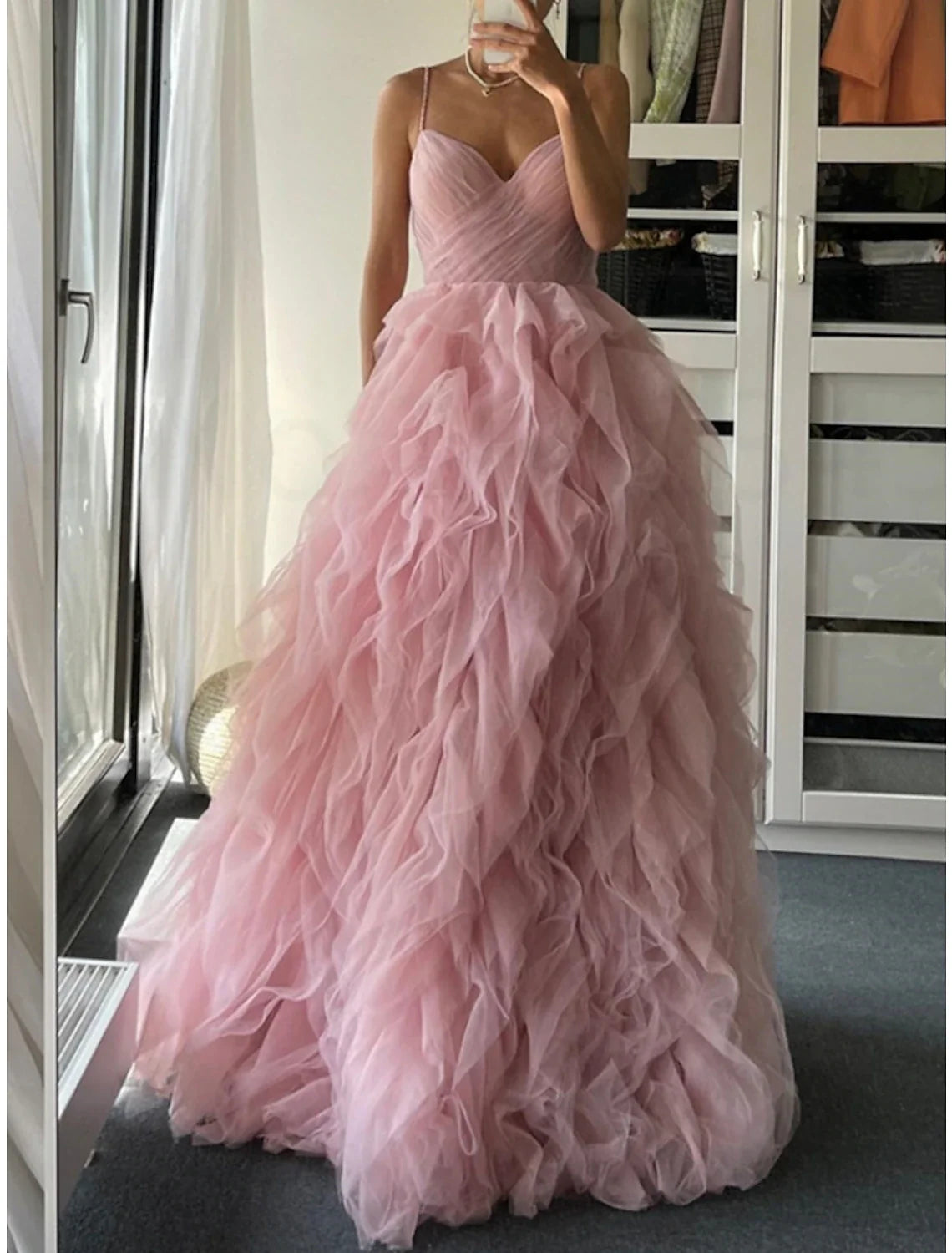 A-Line Spaghetti Strap Tulle Sleeveless Ruffled Floor-Length Prom Dress - Chloe Dress
