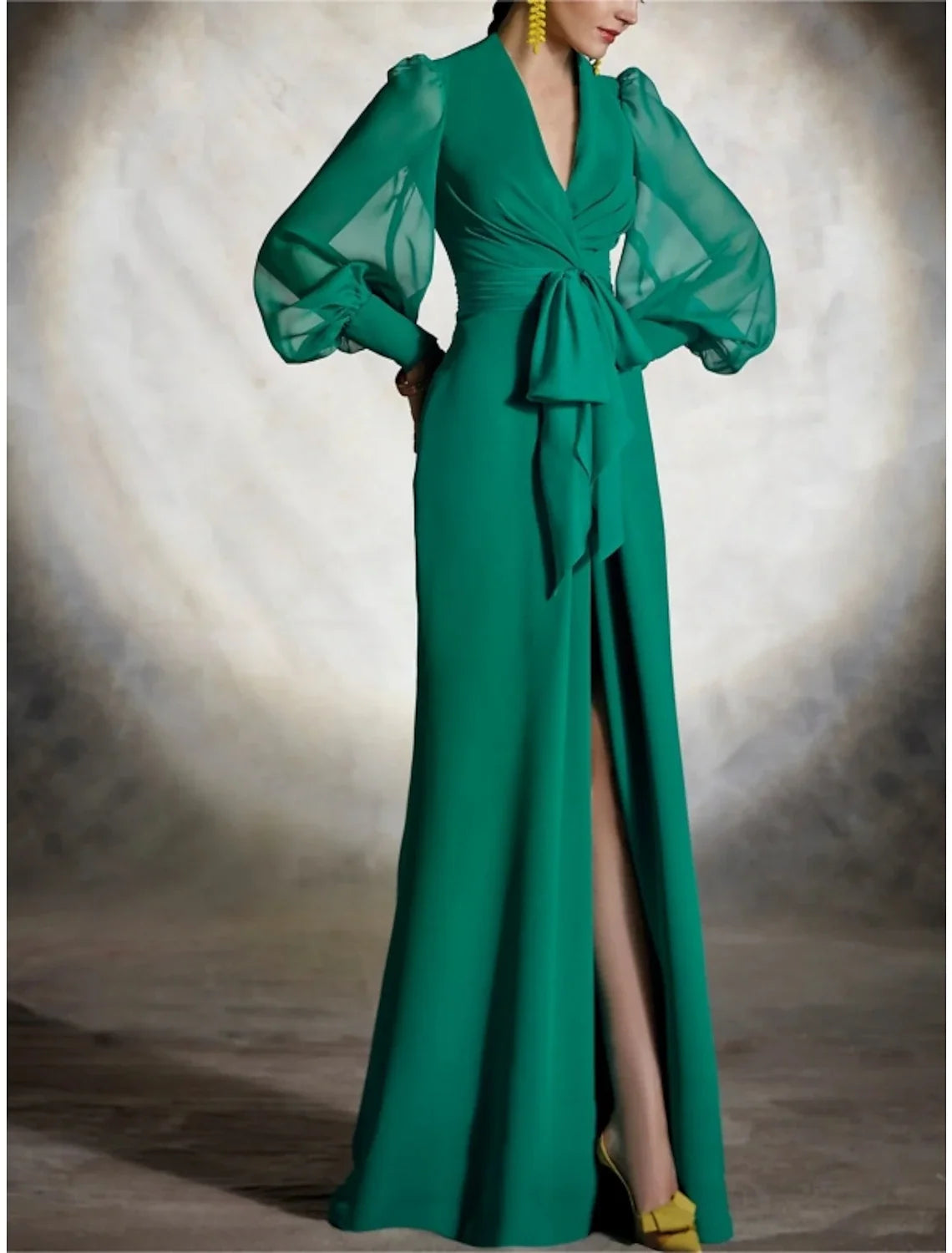 Sheath V-Neck Chiffon Long Sleeve High Slit Floor-Length Wedding Dress - Chloe Dress