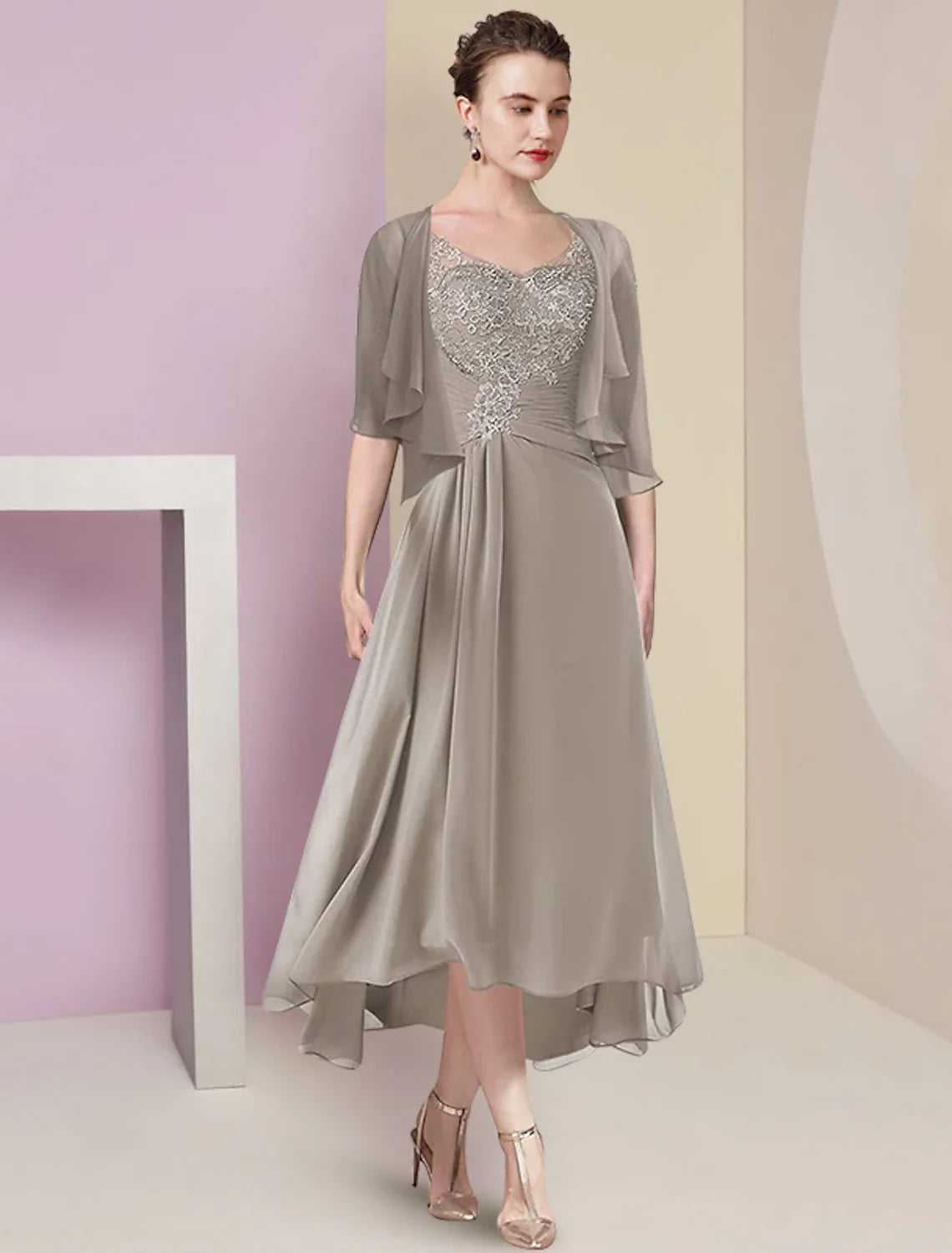 A-Line V-Neck Chiffon Wrap Tea-Length Wedding Dress - Chloe Dress