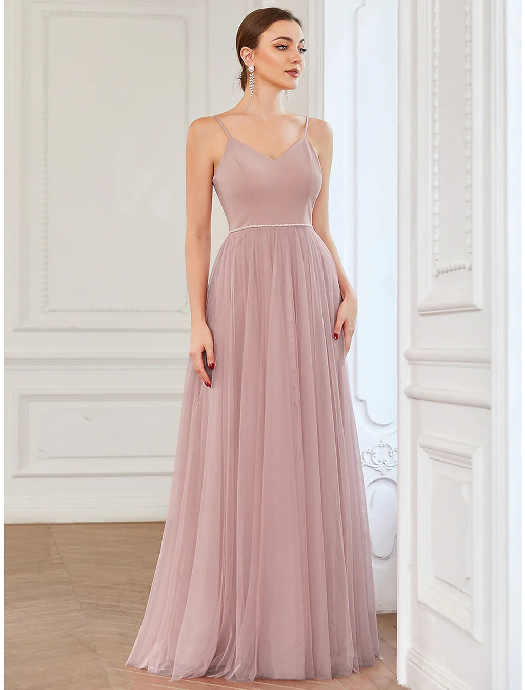 A-Line V-Neck Tulle Sleeveless Pleated Floor-Length Prom Dress - Chloe Dress