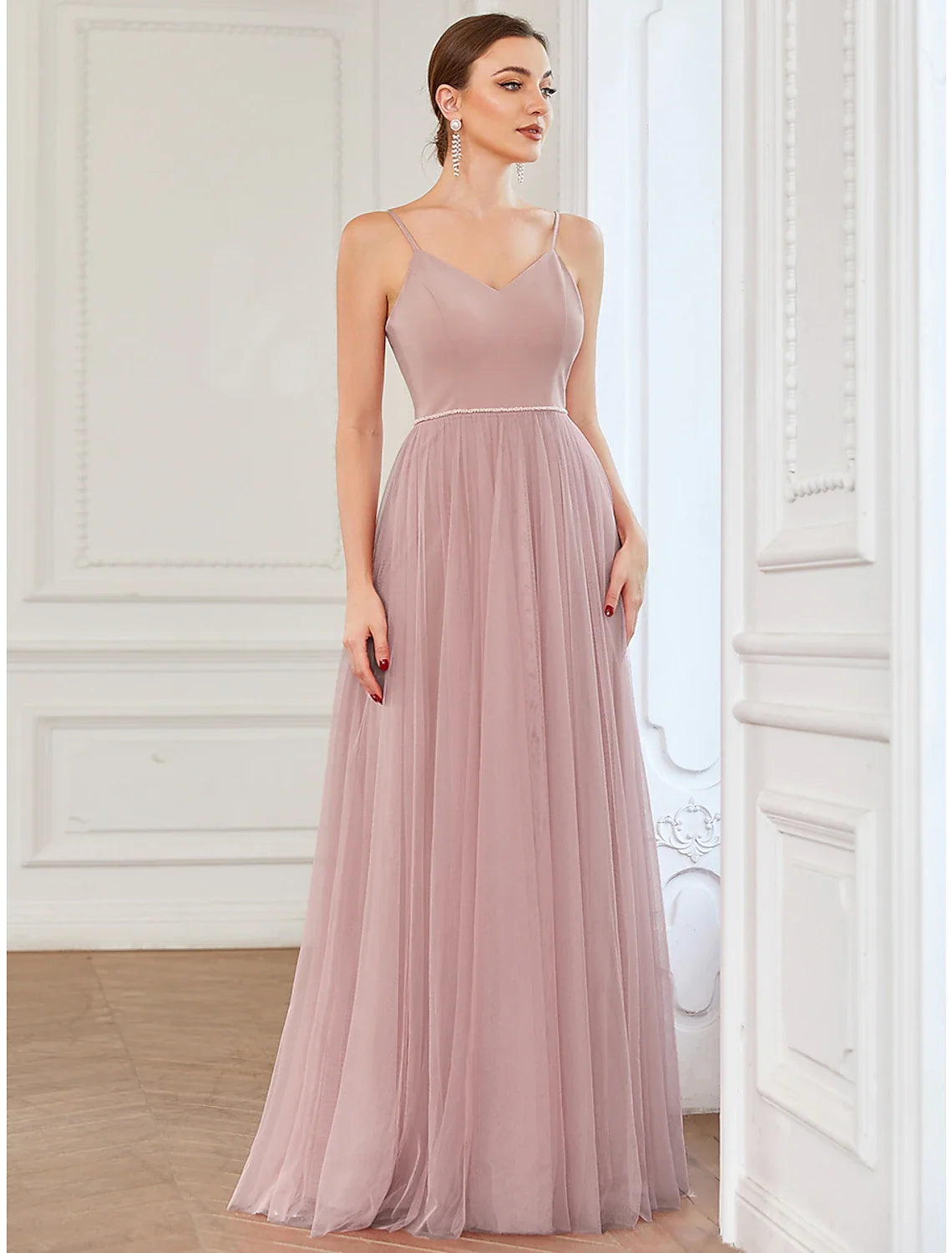 A-Line V-Neck Tulle Sleeveless Pleated Floor-Length Prom Dress - Chloe Dress