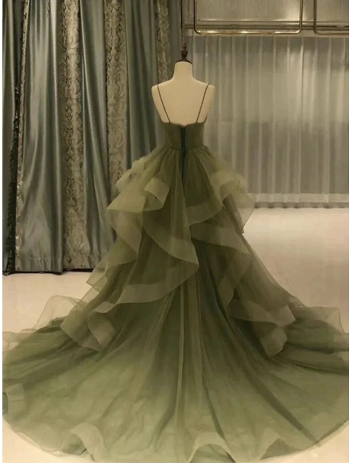 Green A-Line Spaghetti Strap Tulle Sleeveless Ruffled Prom Dress - Chloe Dress