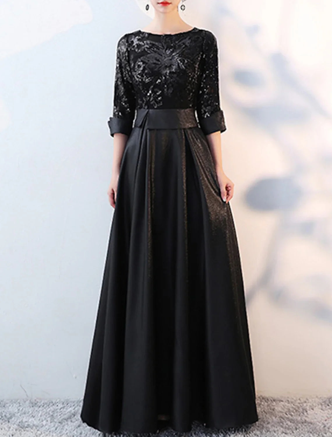 A-Line Satin Three-Quarter Sleeve Floor-Length Evening Dress - Chloe Dress