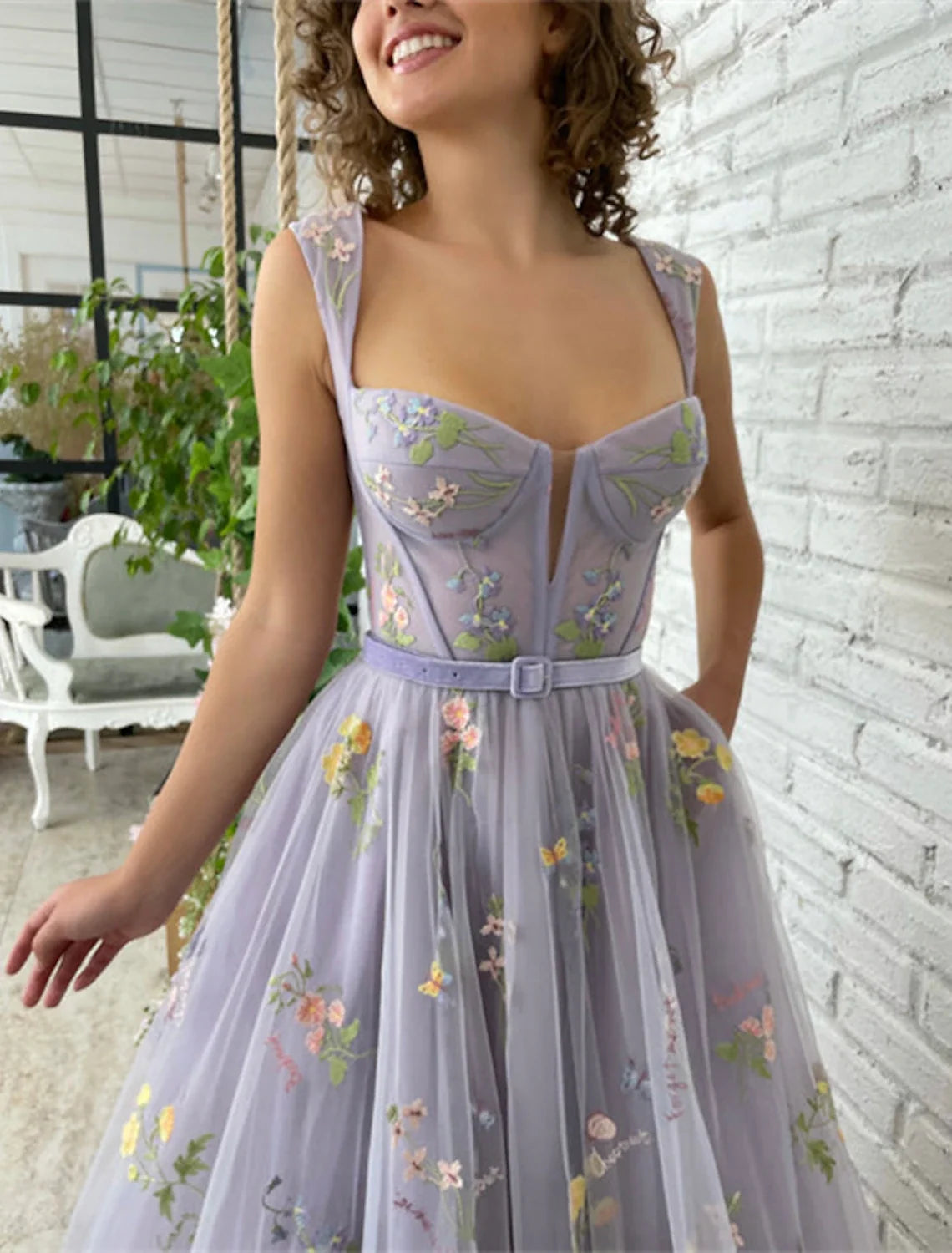 A-Line Square Neck Lace Short Sleeve Pleated Floor-Length Evening Dress - Chloe Dress