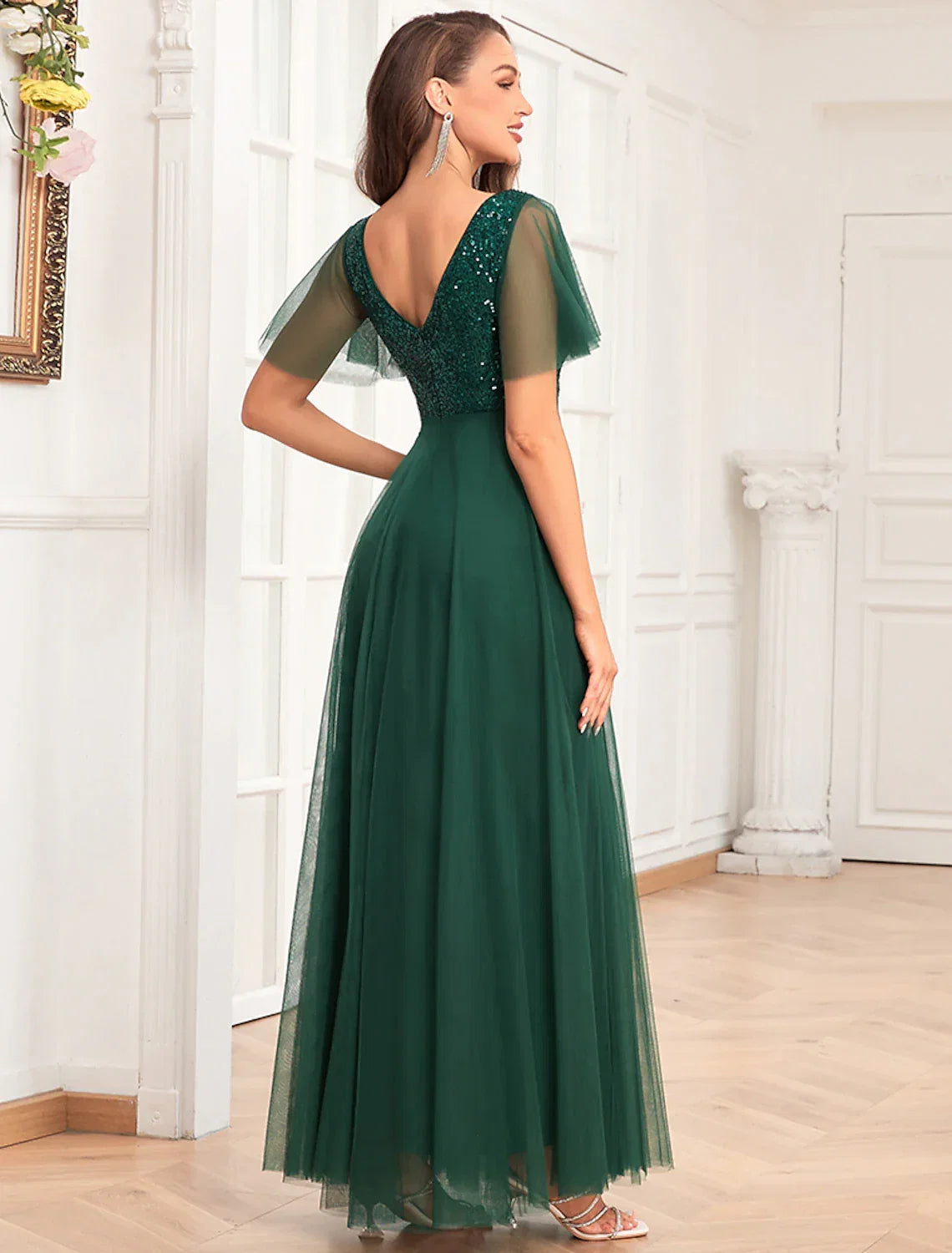 A-Line V-Neck Chiffon Short Sleeve Floor-Length Evening Dress - Chloe Dress