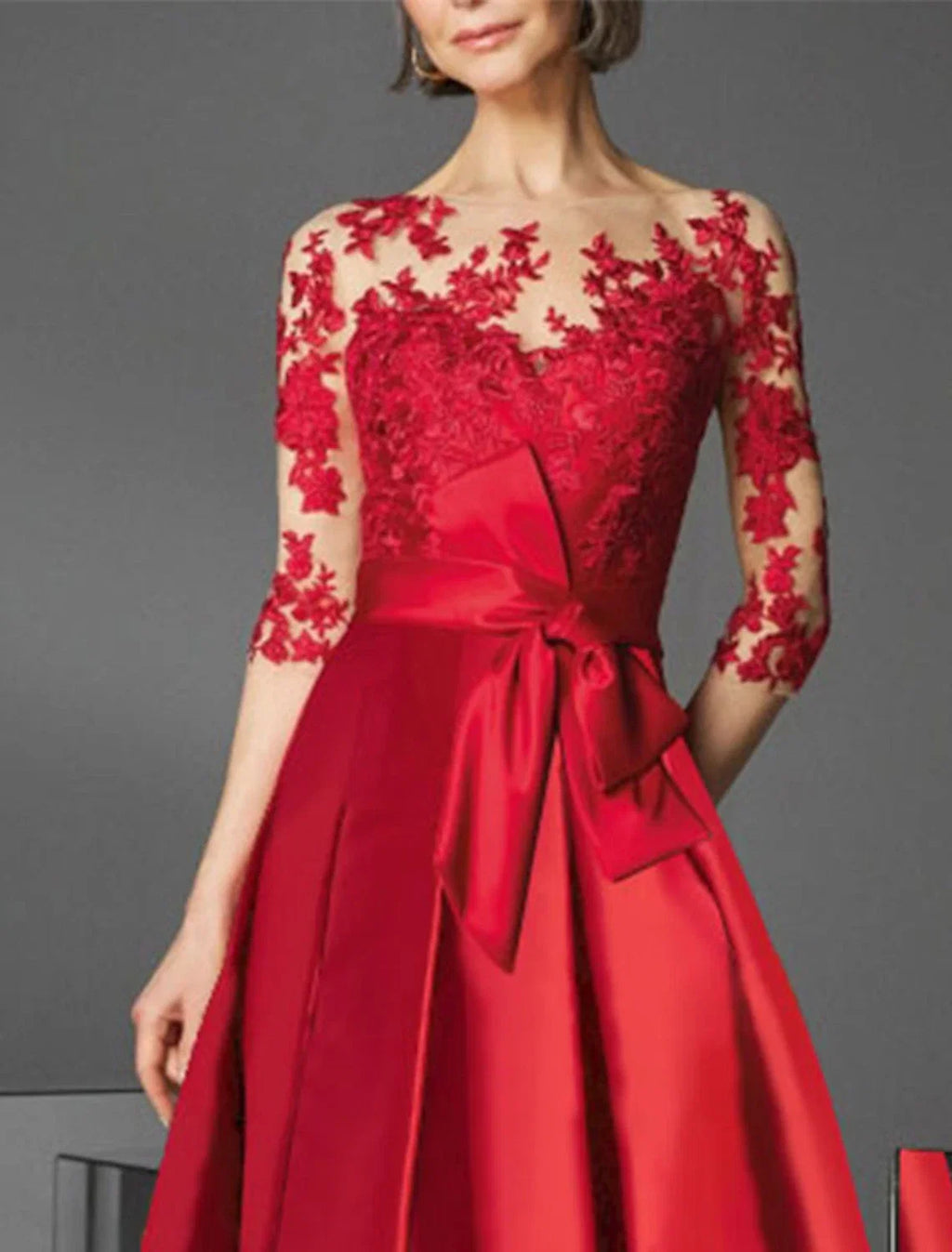 Green A-Line Off-Shoulder Satin Three-Quarter Sleeve Pleated Tea-Length Wedding Dress - Chloe Dress