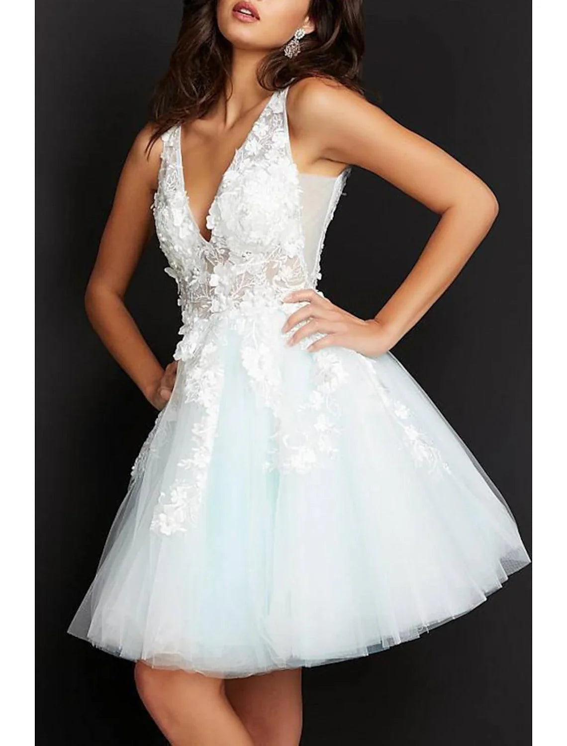 A-Line V-Neck Tulle Sleeveless Applique Mini Cocktail Dress - Chloe Dress