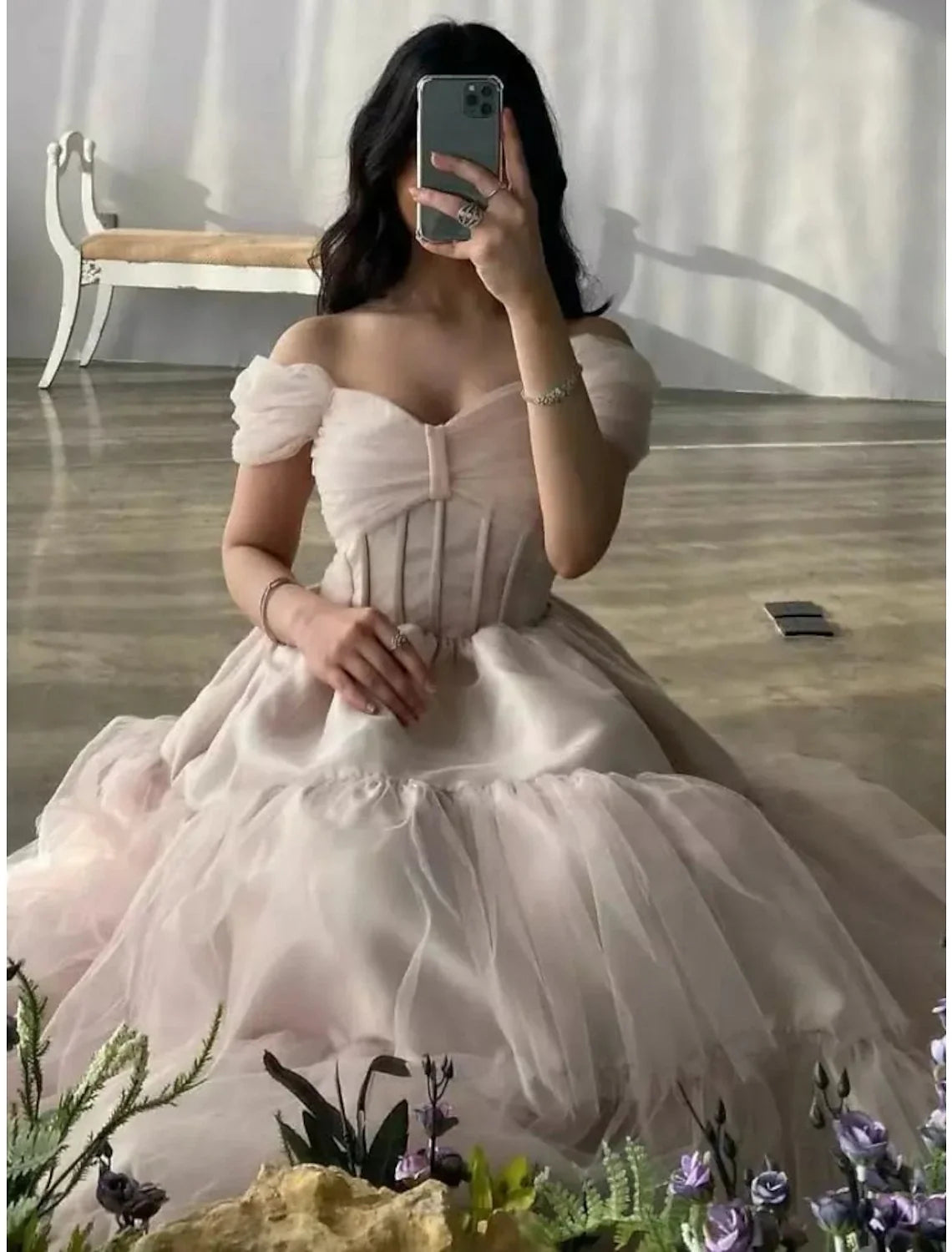 A-Line Off-Shoulder Satin Short Sleeve Pleated Floor-Length Evening Gown - Chloe Dress