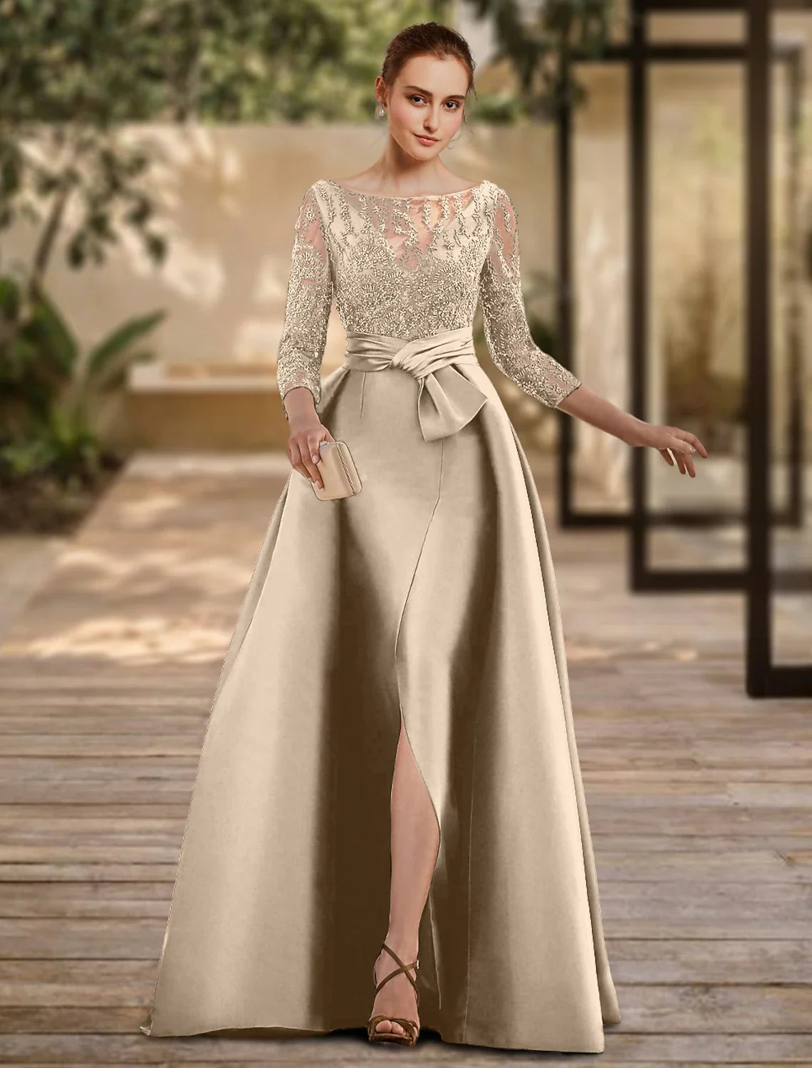 A-Line Lace Three-Quarter Sleeve Open Back High Slit Floor-Length Evening Gown - Chloe Dress
