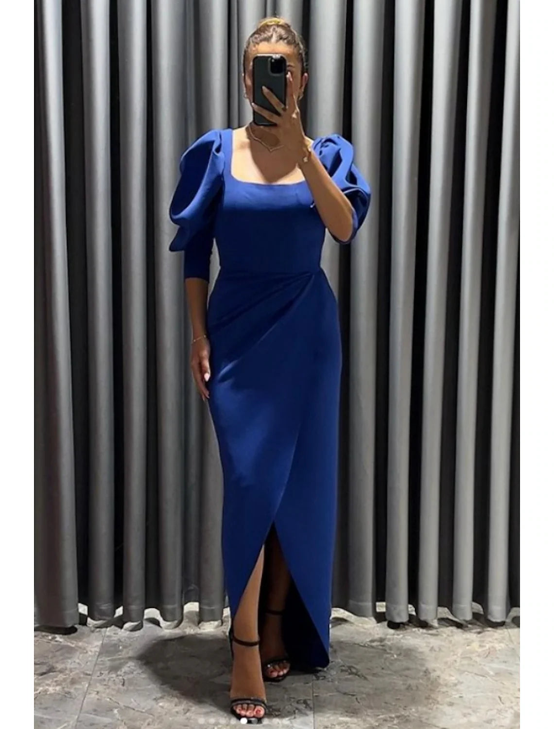 Sheath Square Neck Three-Quarter Sleeve High Slit Evening Gown - Chloe Dress